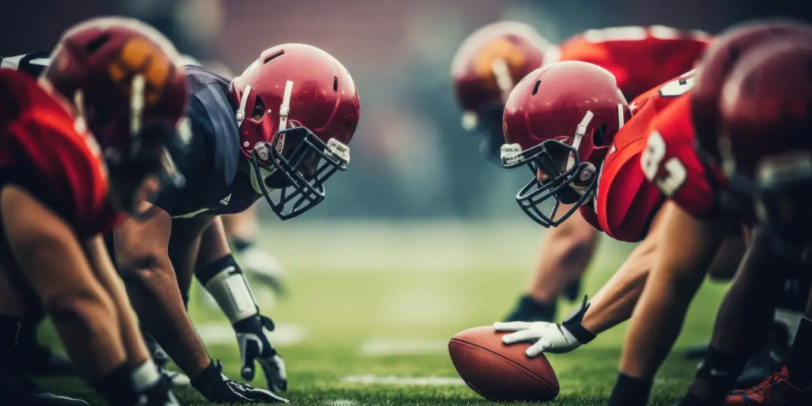 College football players lined up before the snap, symbolizing student-athletes starting the NCAA recruitment journey with Opus College Prep.